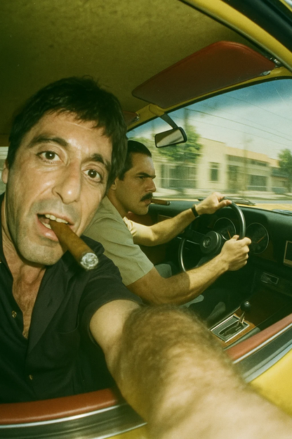 Chaotic Retro Road-Trip Selfie Prompt